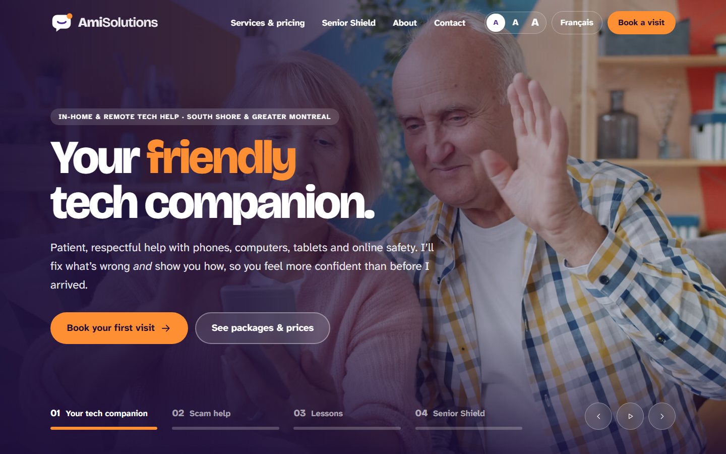 AmiSolutions homepage: "Your friendly tech companion" with booking and pricing buttons